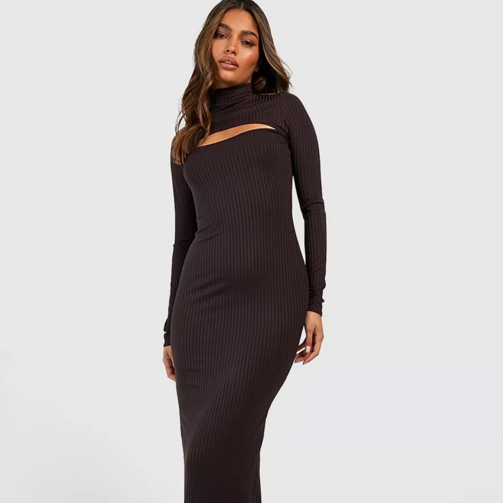 Boohoo Ribbed Cut Out Long Sleeve Midi Chocolate Brown Dress